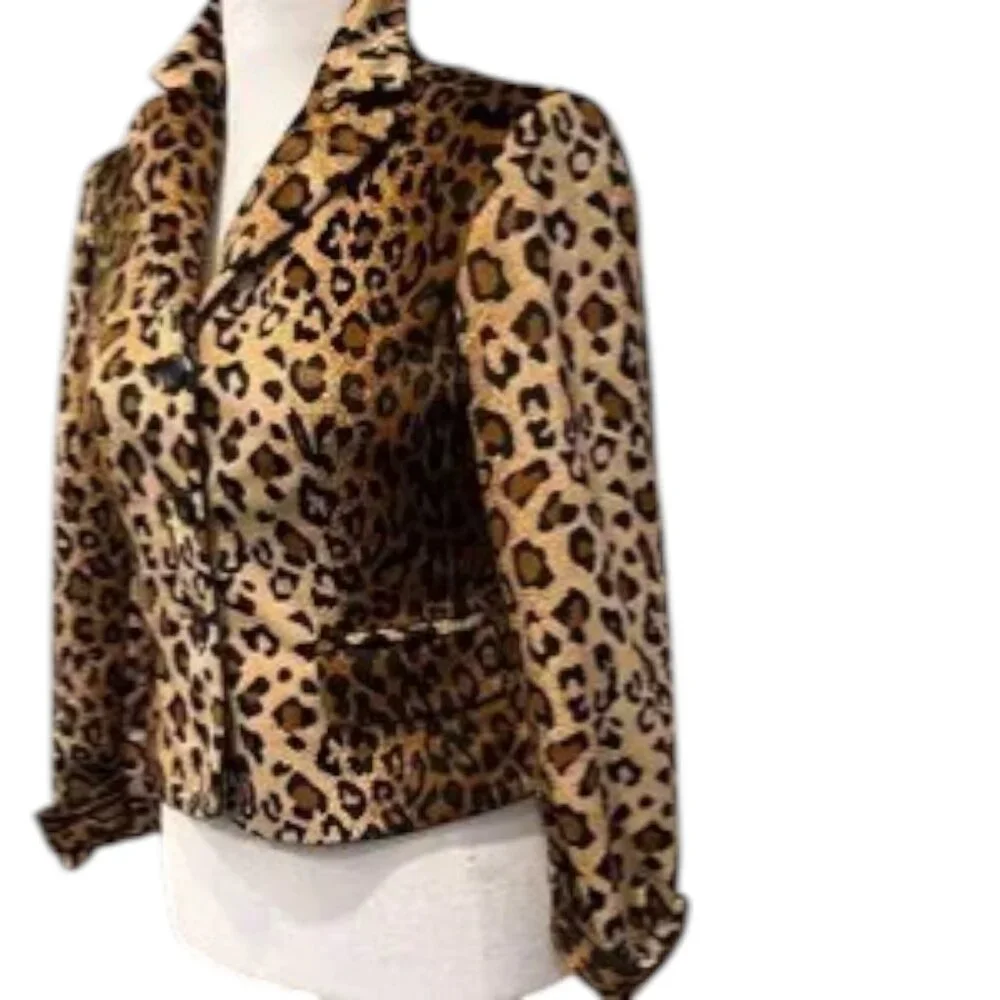 Leopard Print Blazer Petite 6P Brown Tan Velvet Feel Animal Print Chic